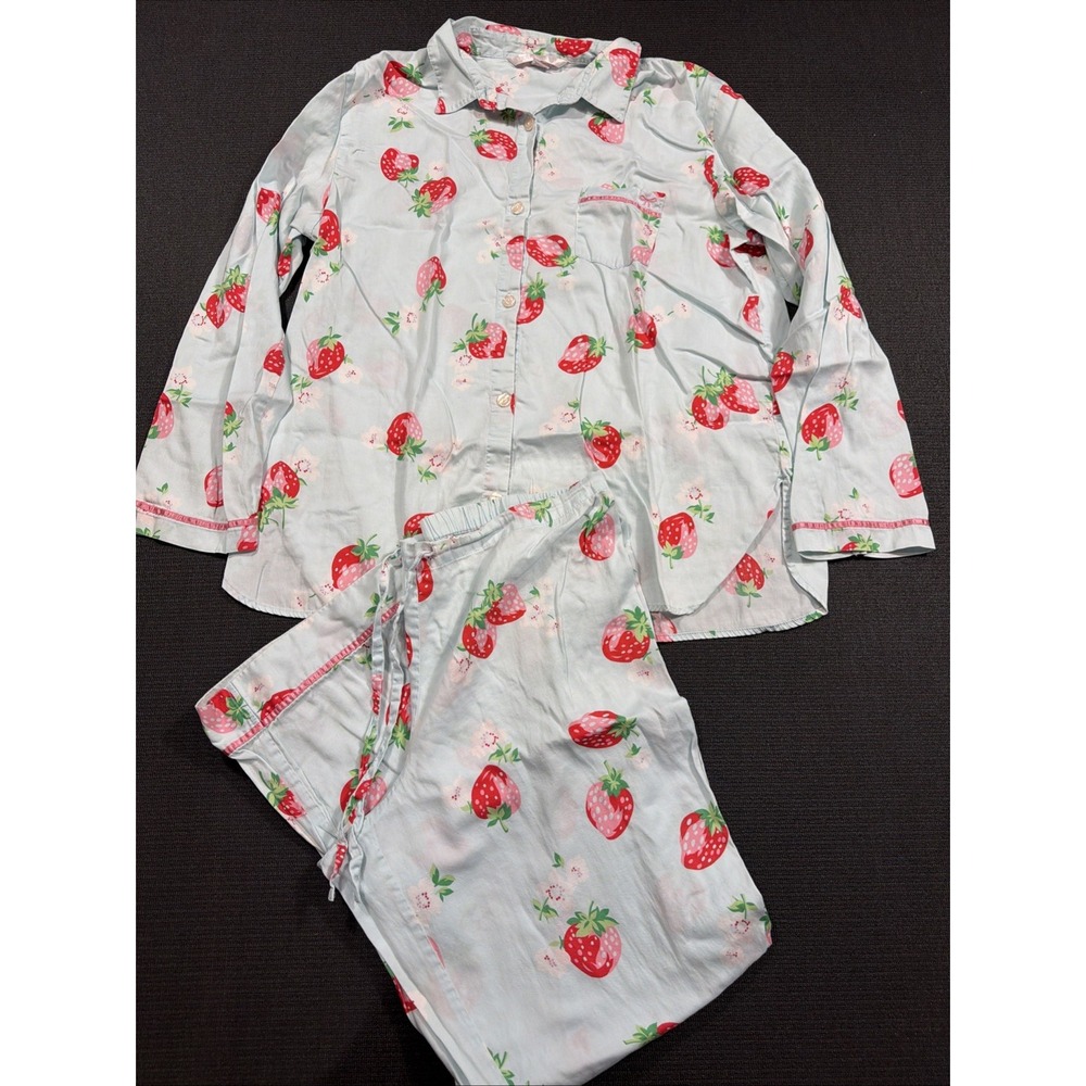 VICTORIA SECRET Pajama Set Button Top Pants Size Large Strawberry 2 pc fun